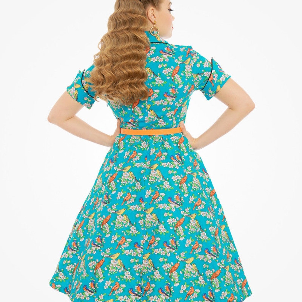 Lindy Bop Courtney Teal Blossom Bird Print Swing - Picture 2 of 4